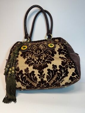 Sharif 1827 Brown Floral Tapestry Embellished Tassel Satchel Bag